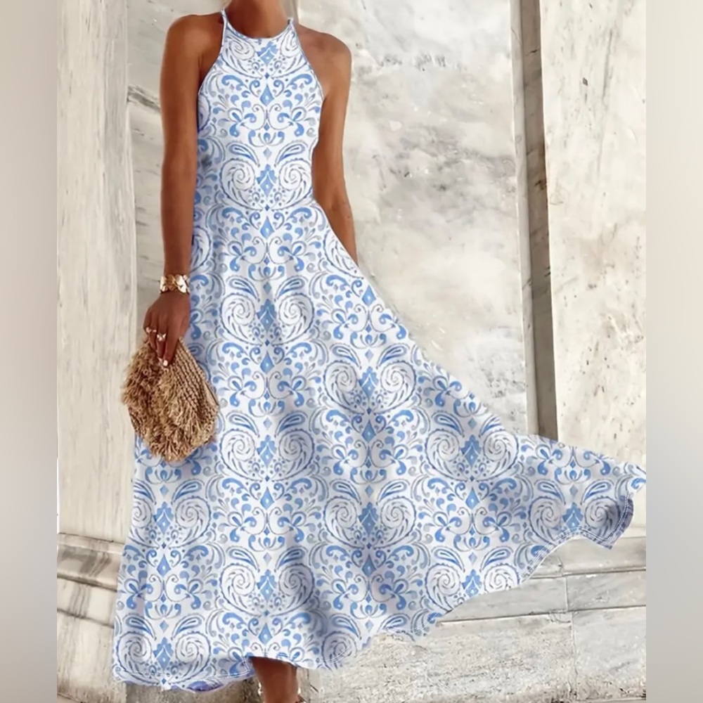 Elegant White and Purple Patterned Dress